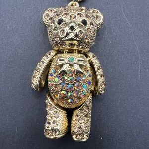 Articulated Teddy Bear Pendant Necklace Gold Tone Rhinestone 17.5” + Extender